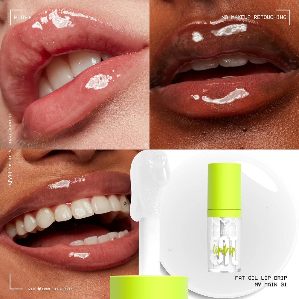 NYX PROFESSIONAL MAKEUP Fat Oil Lip Drip texture close-up revealing lightweight oil finish for hydration
