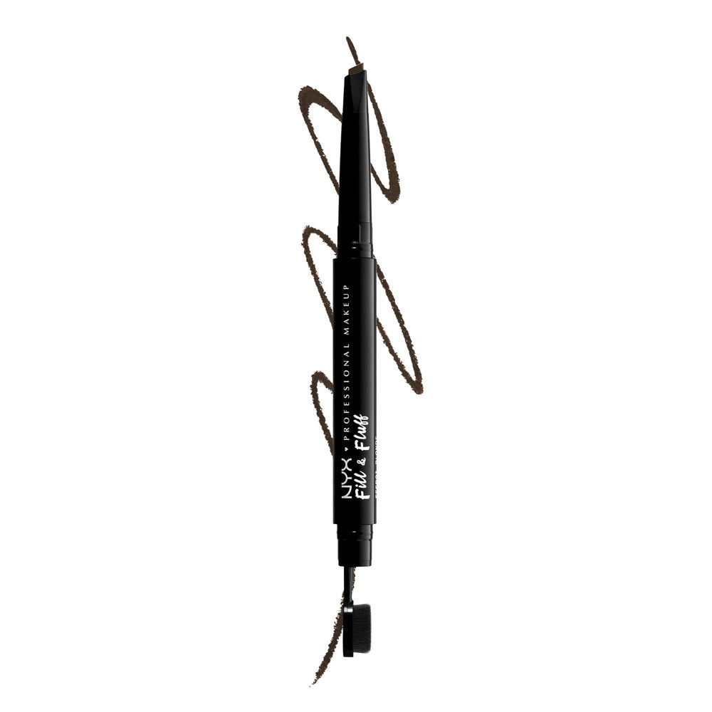 NYX PROFESSIONAL MAKEUP pencil front packaging shows Espresso shade and dual ends benefit