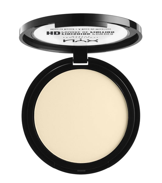 NYX PROFESSIONAL MAKEUP compact front view showing Banana shade and sleek packaging benefit: portable finishing