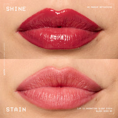 NYX PROFESSIONAL MAKEUP lips wearing Blush Rush showing instant wet shine benefit