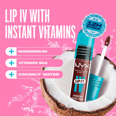 NYX PROFESSIONAL MAKEUP open tube showing label and ingredient benefits like coconut water
