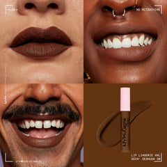 NYX PROFESSIONAL MAKEUP swatch on arm illustrating rich chocolate-brown pigment and long-wear benefit