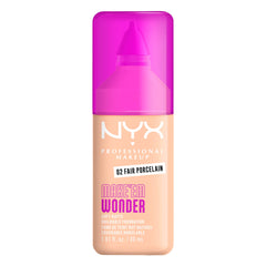 NYX PROFESSIONAL MAKEUP front packaging of Make 'Em Wonder in 02 Fair Porcelain showing label and bottle benefits