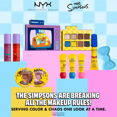 NYX PROFESSIONAL MAKEUP lifestyle flatlay with Simpsons props showing playful collaboration benefit