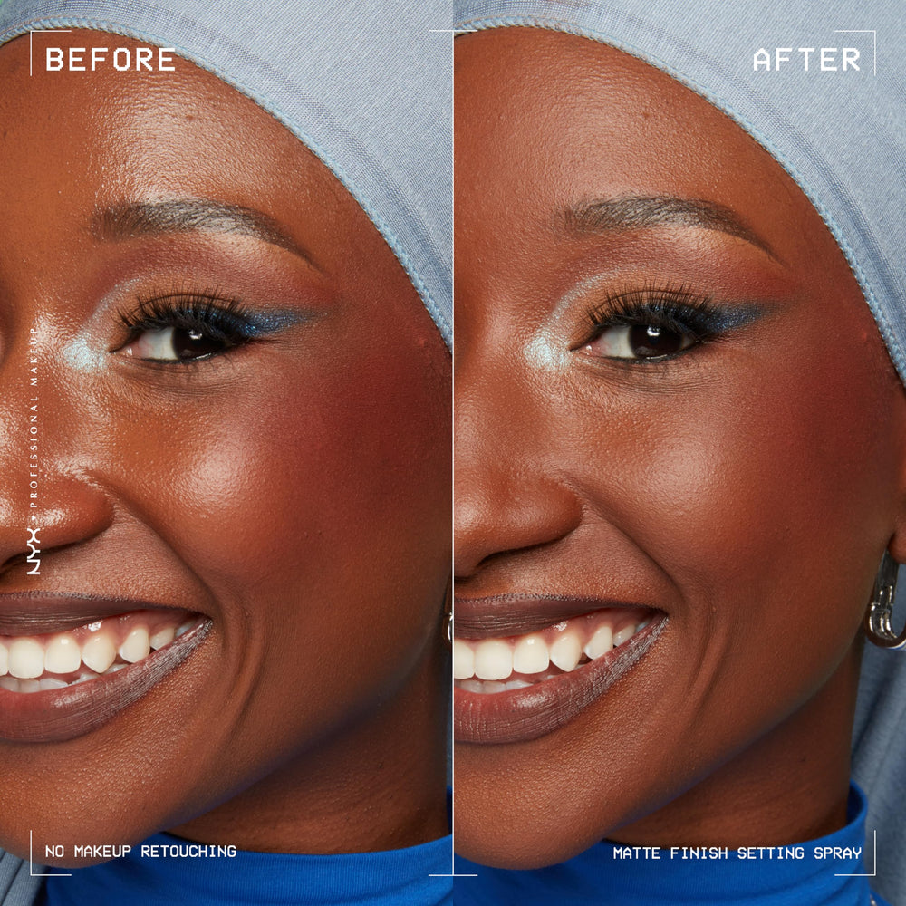 NYX PROFESSIONAL MAKEUP spray applied on model to set makeup and reduce daytime shine