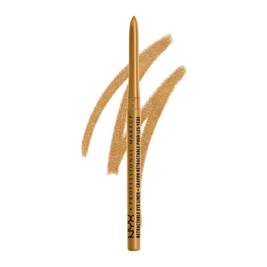 NYX PROFESSIONAL MAKEUP gold eyeliner pencil front view showing sleek packaging and metallic finish benefit