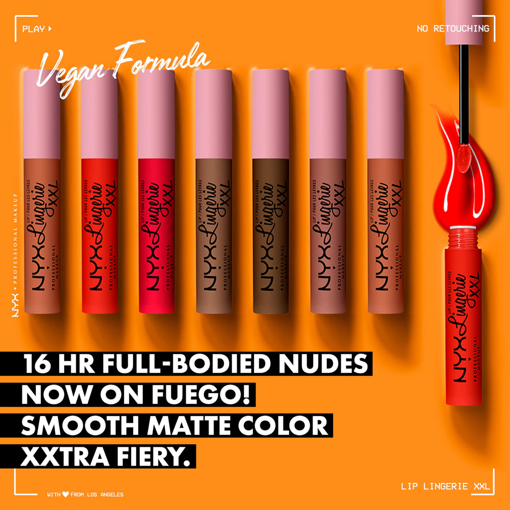 NYX PROFESSIONAL MAKEUP doe-foot applicator loaded with On Fuego for precise application benefit