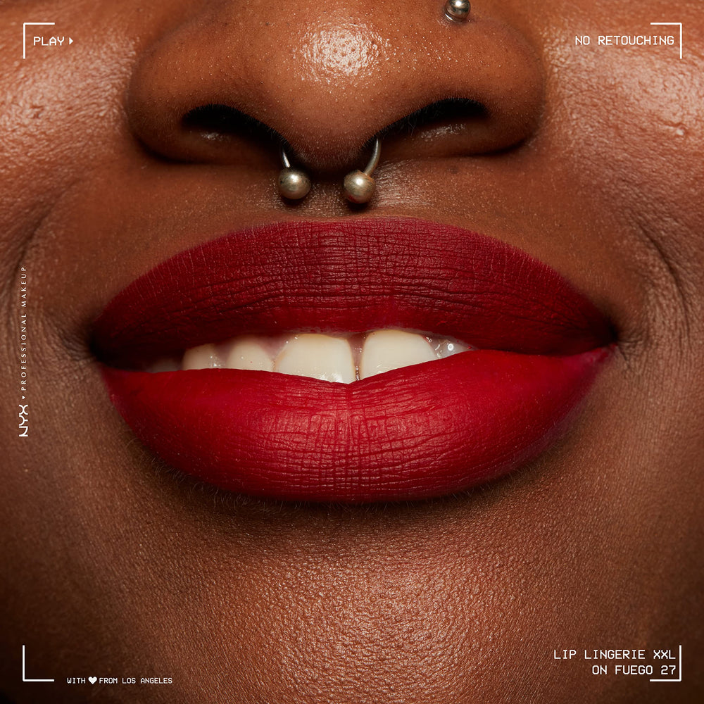 NYX PROFESSIONAL MAKEUP lips close-up wearing On Fuego showing clean matte finish and bold color benefit