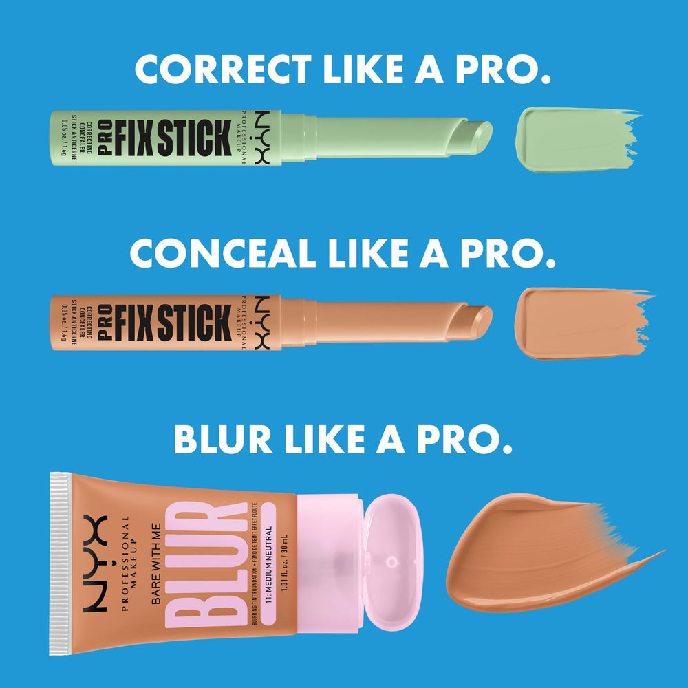NYX Pro Fix Stick Nutmeg beside foundation and brushes to complete face routine