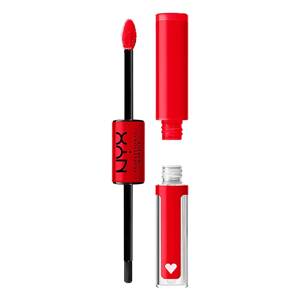 NYX PROFESSIONAL MAKEUP front packaging showing Rebel In Red and glossy finish benefits