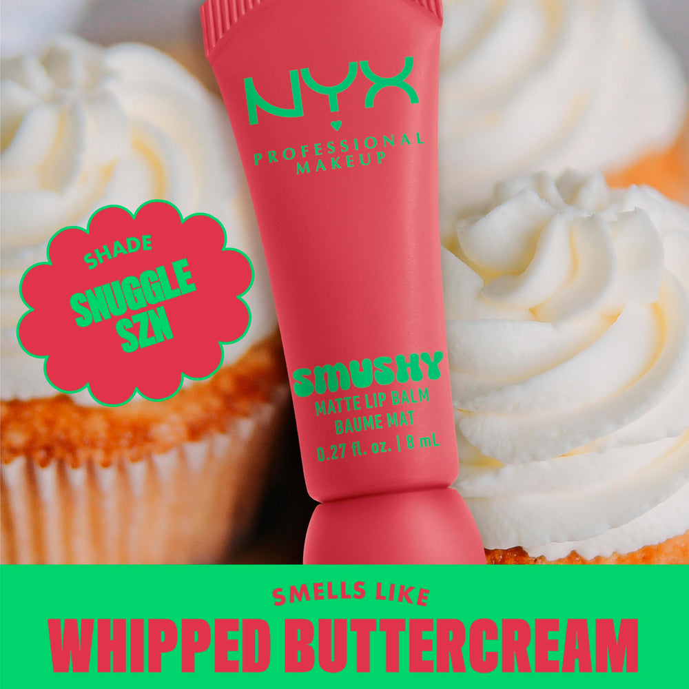 NYX Smushy Matte swiped on lips demonstrating buildable blush-nude color