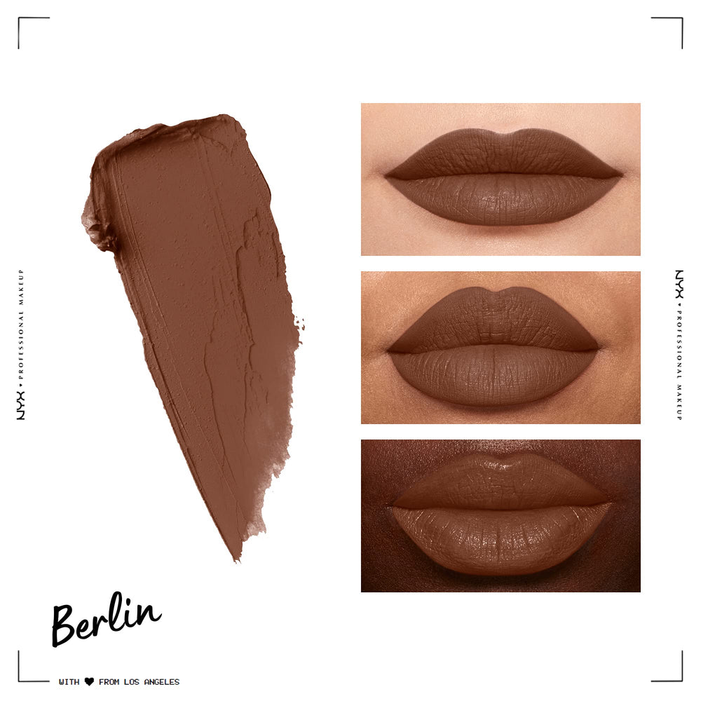 NYX PROFESSIONAL MAKEUP applied on lips demonstrating warm brown flattering tone