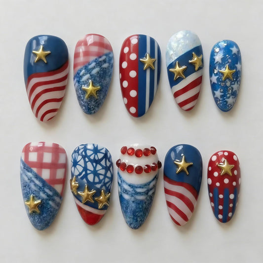 NZRAESTRS front packaging displaying 30 patriotic press-on nails for easy styling