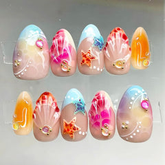 NZRAESTRS front packaging showing 30-piece beach press-on nail set benefits