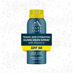 Oars + Alps front packaging showing travel-size spray and SPF benefit