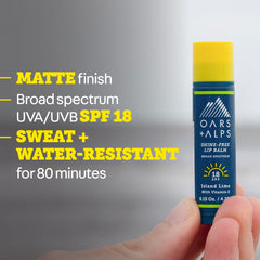 Oars + Alps balm applied to lips demonstrating matte hydration benefit