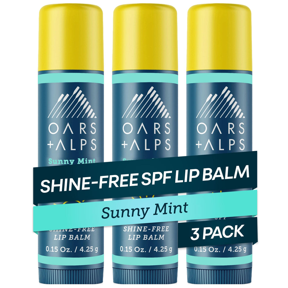 Oars + Alps front packaging showing SPF 18 and 3-pack, protects lips all day