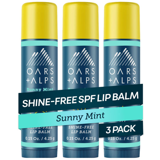Oars + Alps front packaging showing SPF 18 and 3-pack, protects lips all day