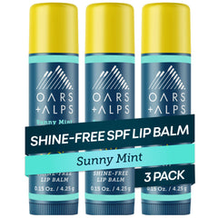 Oars + Alps front packaging showing SPF 18 and 3-pack, protects lips all day