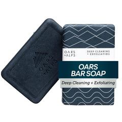 Oars + Alps front packaging showing blue charcoal bar and clear benefit