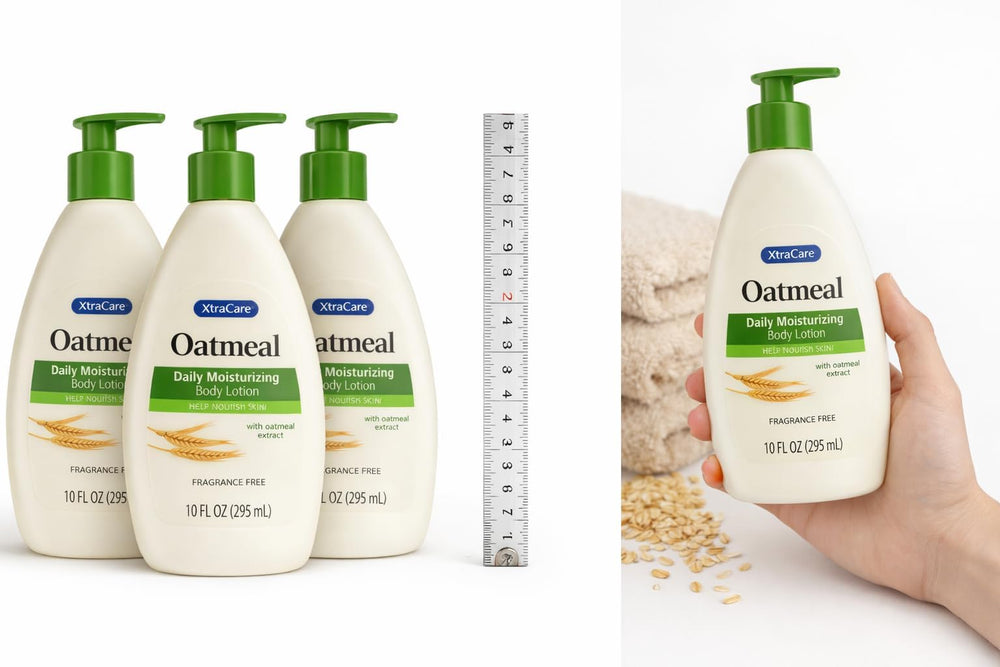 oatmeal Xtra.care lotion texture closeup demonstrating quick-absorbing hydration