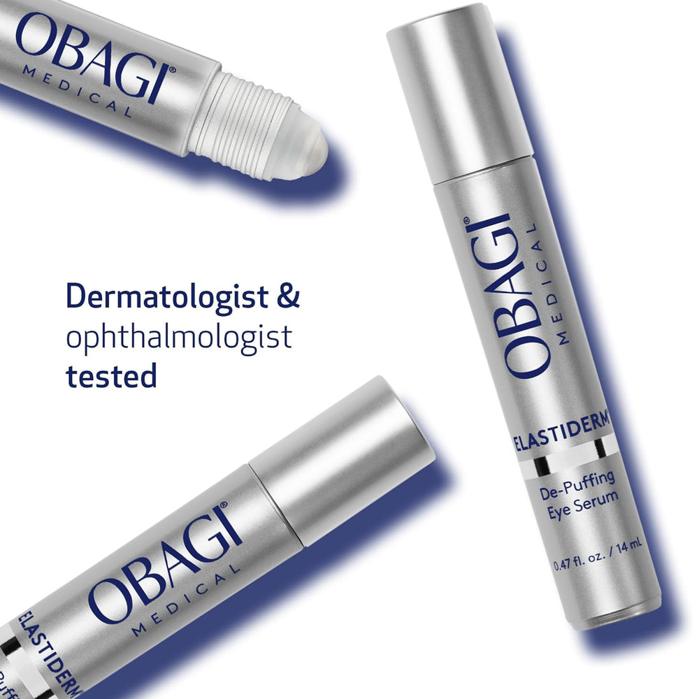 Obagi ELASTIderm on bathroom counter beside skincare items for daily routine