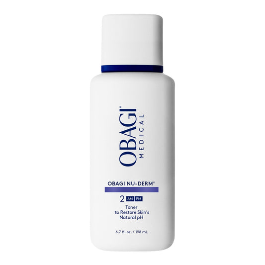 Obagi Medical Nu-Derm toner front bottle showing professional packaging and calming benefit