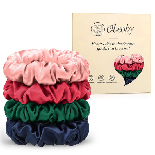 obeoby front packaging showing four silk scrunchies as an appealing gift