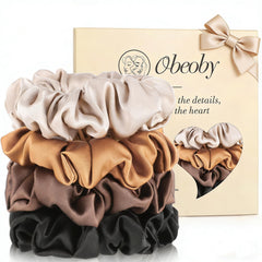 obeoby silk scrunchies front packaging showing four neutral coffee ties and benefits