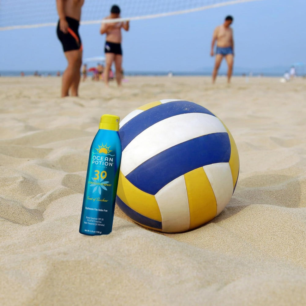 Ocean Potion by pool illustrating water-resistant protection up to 80 minutes