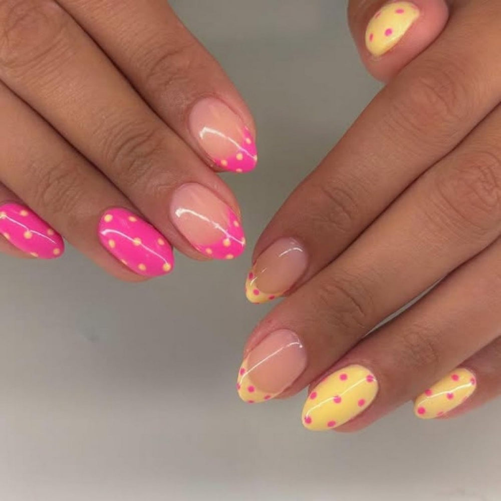 OCOUYVD close-up of pink yellow polka dot pattern highlighting playful design and detail