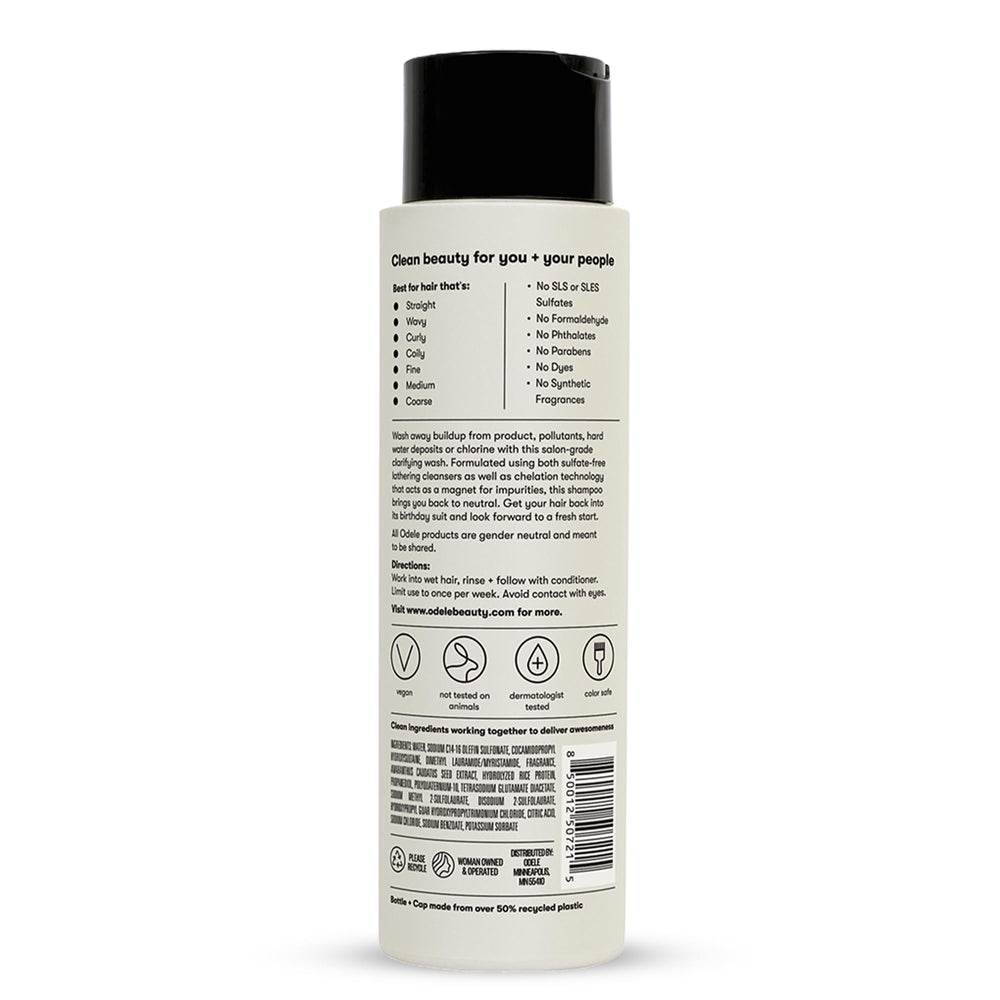 Odele shampoo on bathroom counter in lifestyle morning routine
