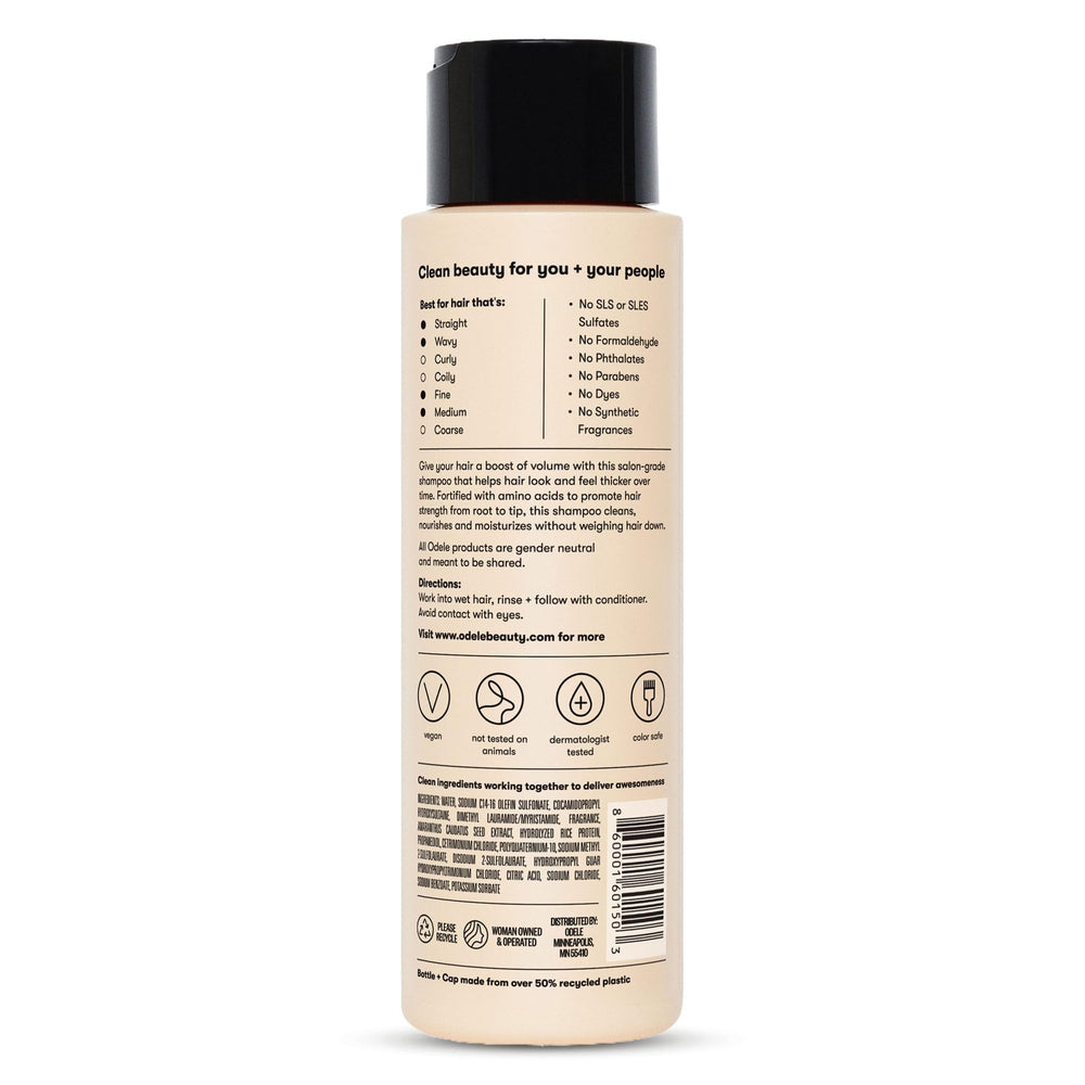 Odele shampoo on bathroom shelf in lifestyle setting suggesting daily use