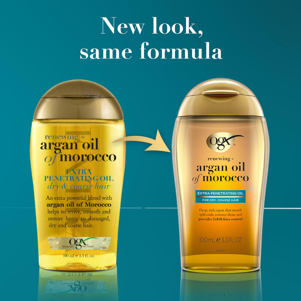 OGX applying oil to damp hair to hydrate and reduce frizz