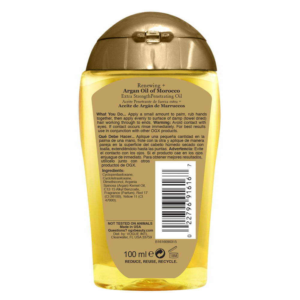 OGX ingredients label zoom displaying cold-pressed argan and silk proteins