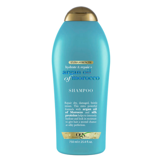 OGX front bottle view showing label and 25.4 fl oz size with moisturizing benefit