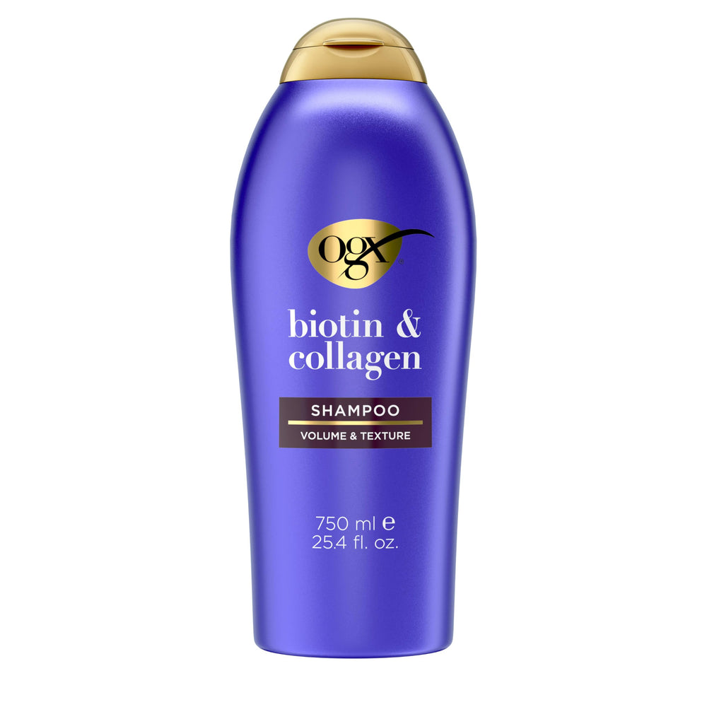 OGX front packaging showing shampoo bottle and benefits