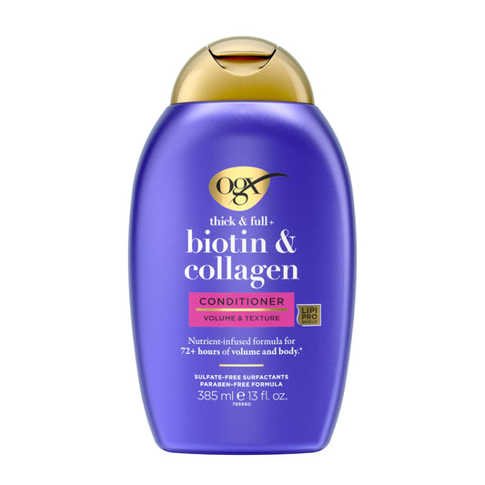 OGX bottle front showing brand and volumizing conditioner benefit