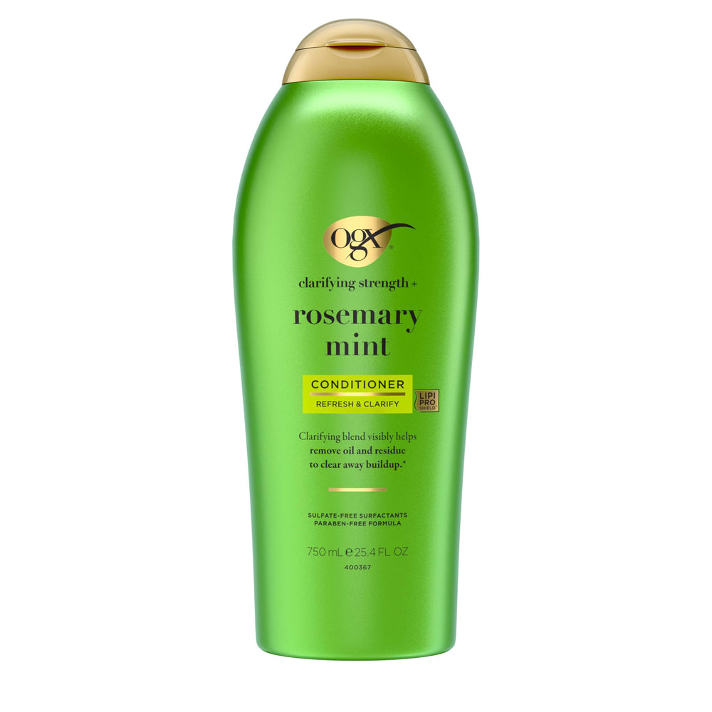 OGX front bottle showing label and 25.4 fl oz size with product clarity benefit