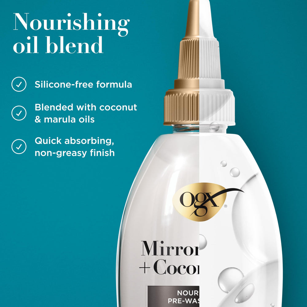 OGX label close-up and pump, highlighting easy dispensing and clarity
