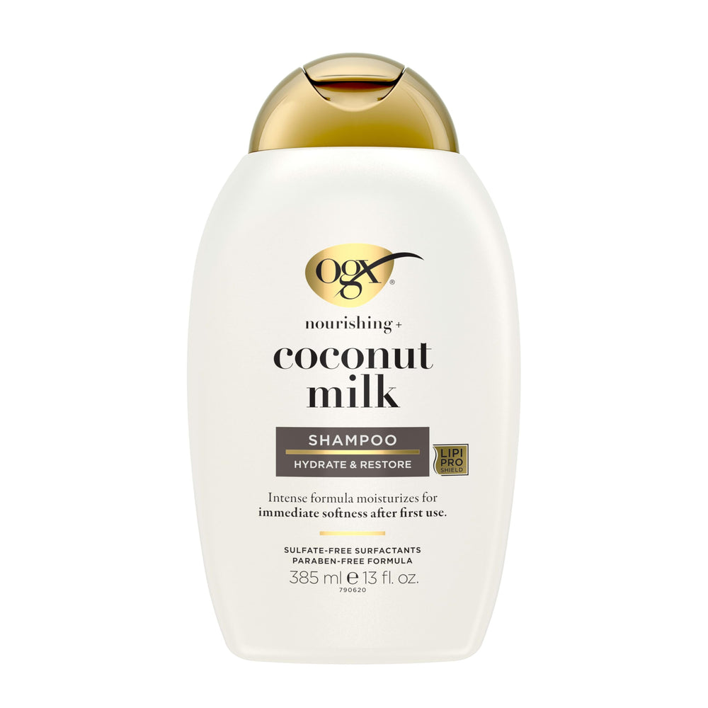 OGX front bottle view showing coconut milk shampoo and easy-grip design