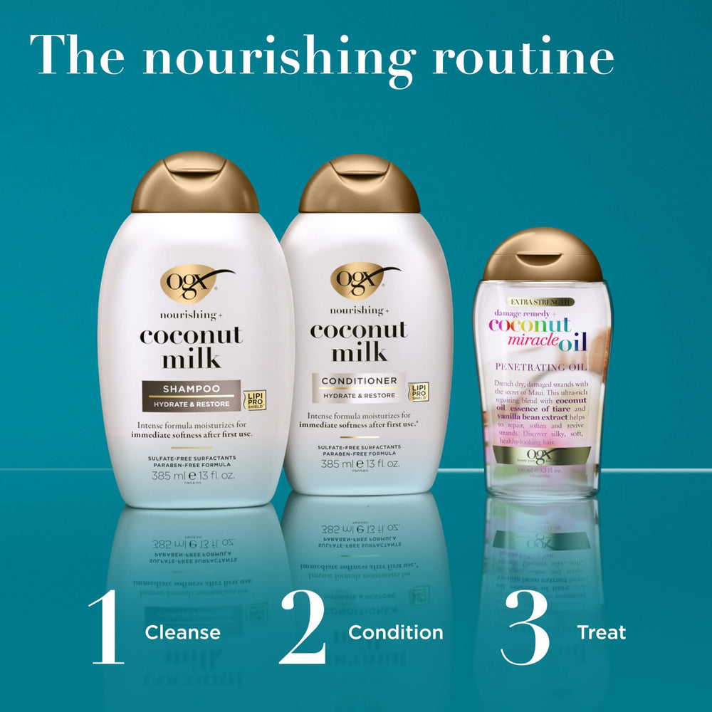 OGX 13 fl oz bottle next to common items to show true size advantage