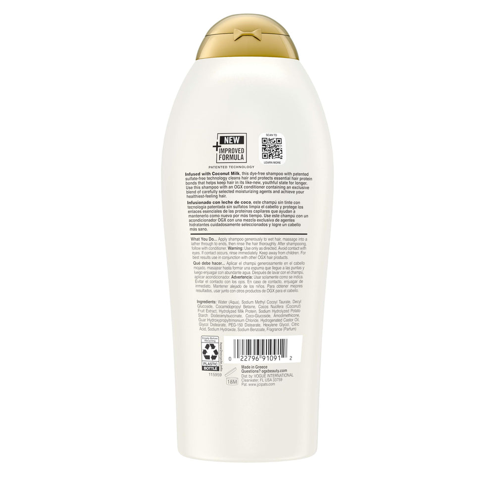 OGX shampoo on bathroom shelf evoking hydrated, salon-like hair