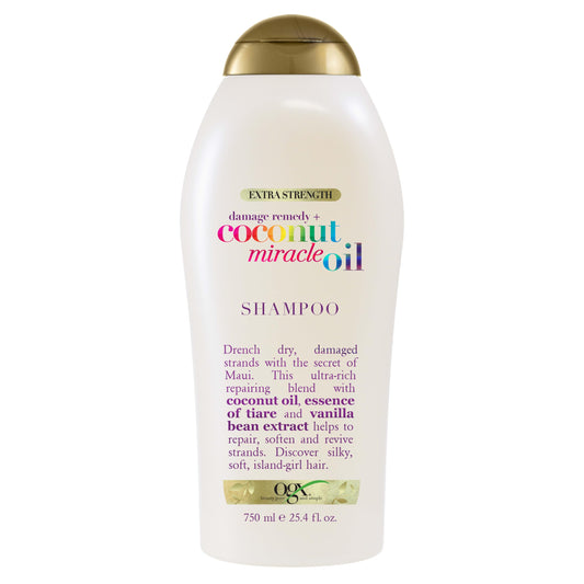 OGX bottle front view showing coconut miracle oil shampoo and benefits