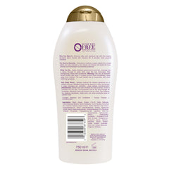 OGX shampoo on bathroom shelf with towel, signaling daily indulgence