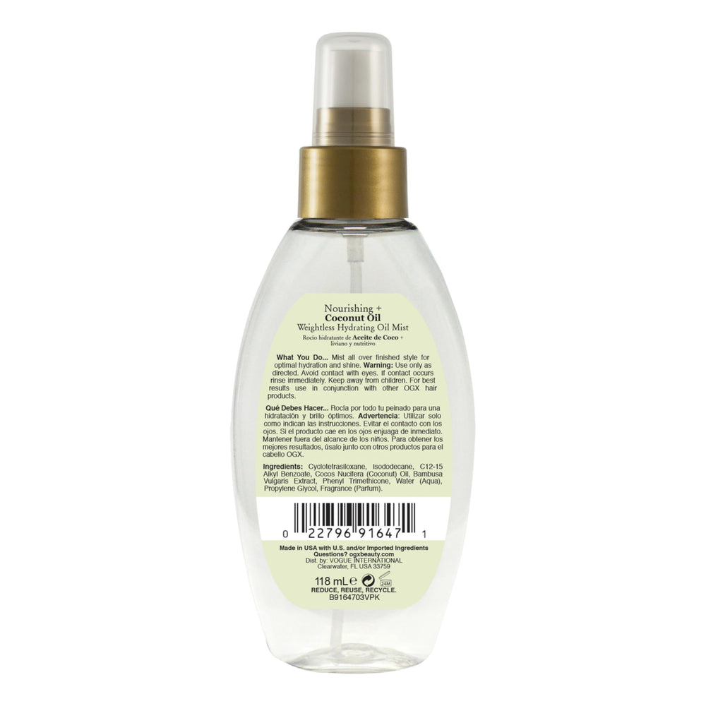 OGX ingredient label close-up showing coconut oil and bamboo extract