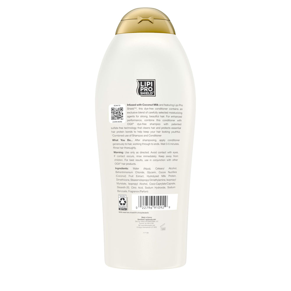 OGX product label close-up highlighting LipiPro Shield and clean formula