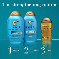 OGX 25.4 oz bottle held in hand showing salon-size, long-lasting benefit