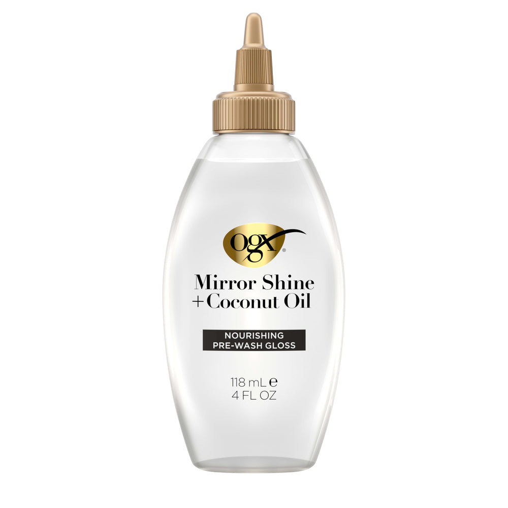 OGX bottle front view showing Mirror Shine gloss and benefit of visible shine