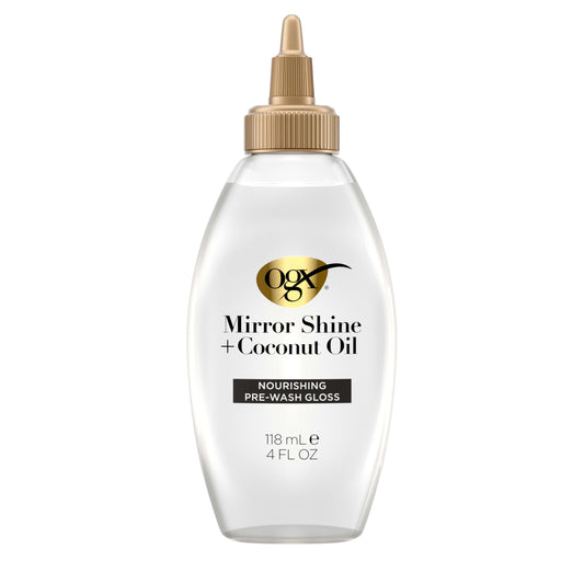 OGX bottle front view showing Mirror Shine gloss and benefit of visible shine